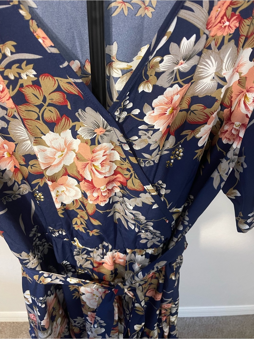 Navy Floral Maxi Wrap Dress with Pink & Cream Blooms - Picture 5 of 7